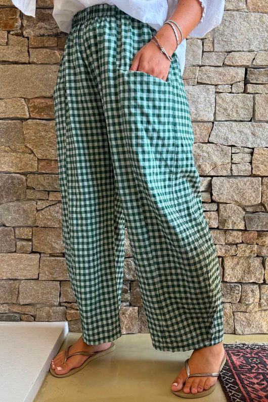 Nonni Gingham Relaxed Barrel Pant Forest